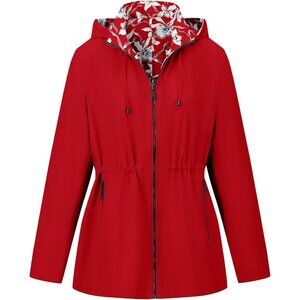 Women's Windbreaker Lightweight Casual D-Red Floral Print Hood Jacket Coat